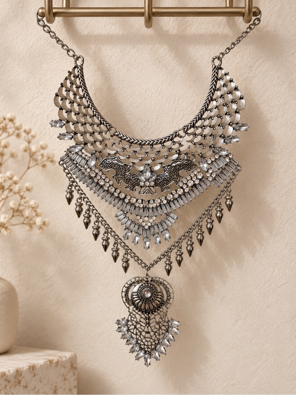 Silver Boho Statement Bib Necklace Crystal Rhinestone Layered Pendant